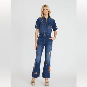 Free People Blue Jumpsuit with Floral Embroidery